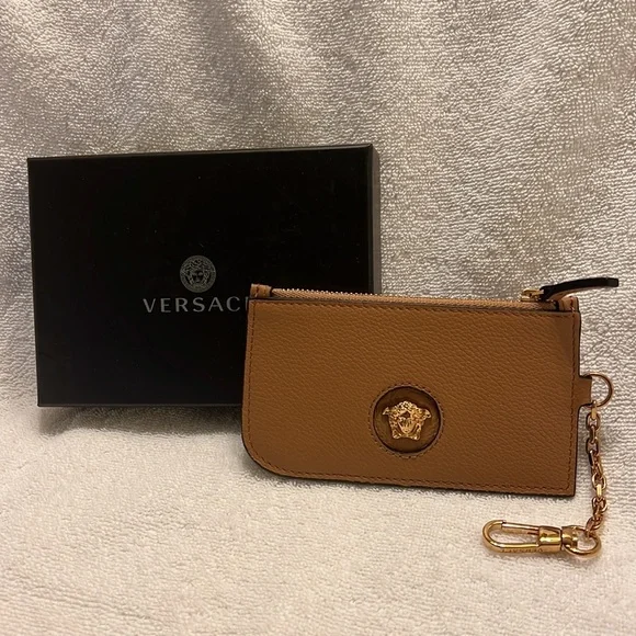 Versace unisex La Medusa caramel Vitello keychain card holder wallet charm NEW - Picture 5 of 11